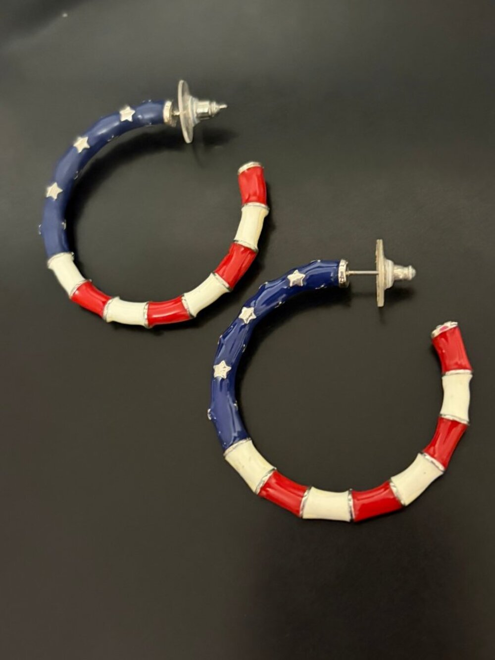 Red White Blue Bamboo Hoop Earrings Patriotic Stars Americana Lightweight